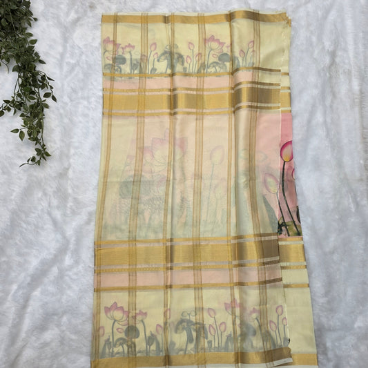 Mysore Crepe Digital Print Saree in Ivory Cream with Lotus stamp; Peacock Motifs