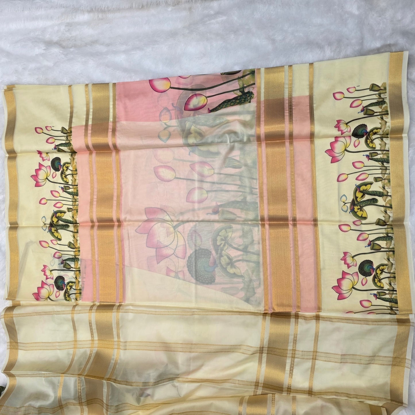 Mysore Crepe Digital Print Saree in Ivory Cream with Lotus stamp; Peacock Motifs