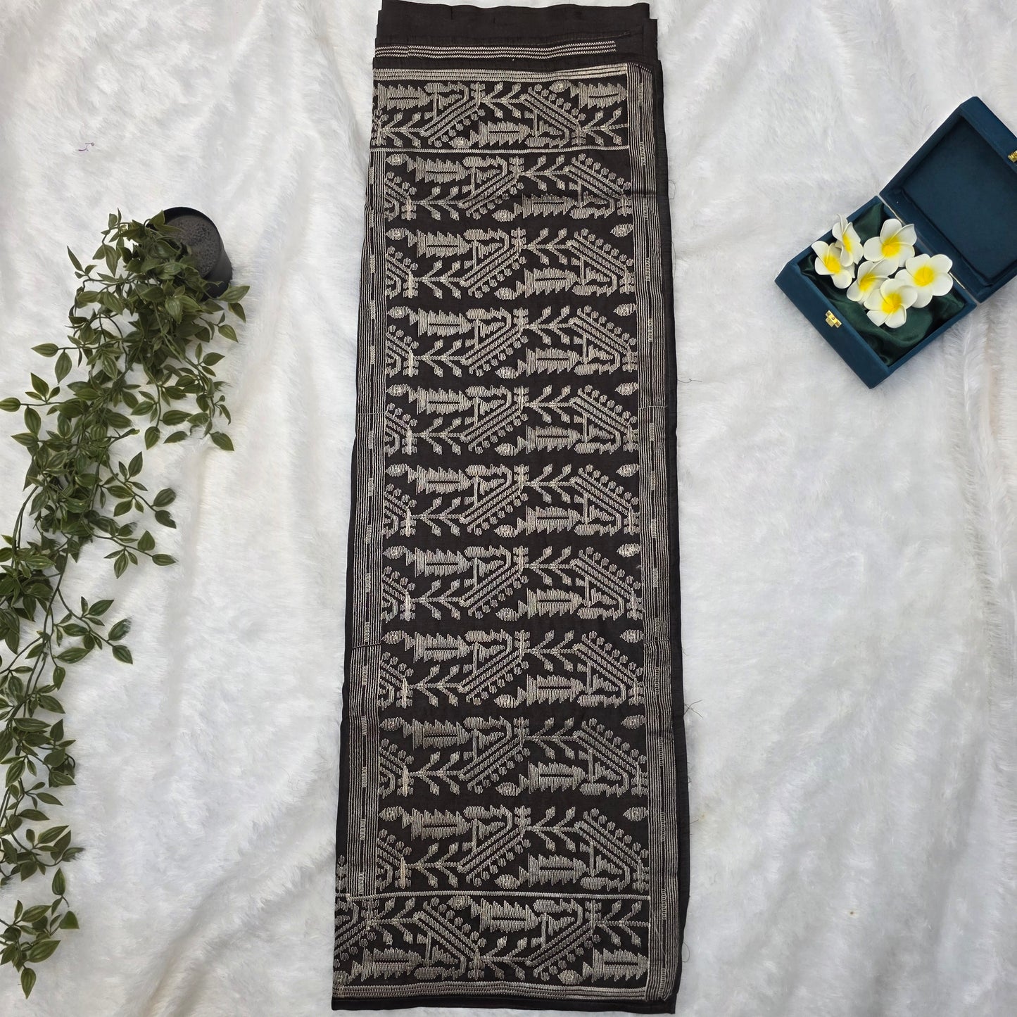 Tussar Silk Aari Work Saree in Deep Dark Brown with Intricate Ivory Thread Embroidery