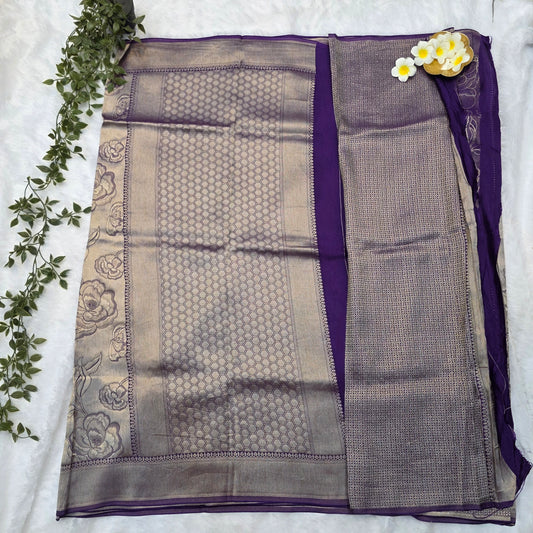 Pure Viscose Dola Saree in Purple Satin with Rose Floral Weaving