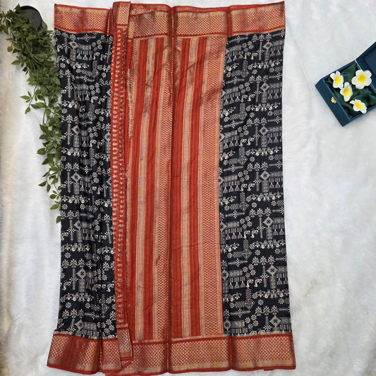 Pochampalli Tussar Saree in Black and Rust Red with Traditional Ikat-Inspired Motifs