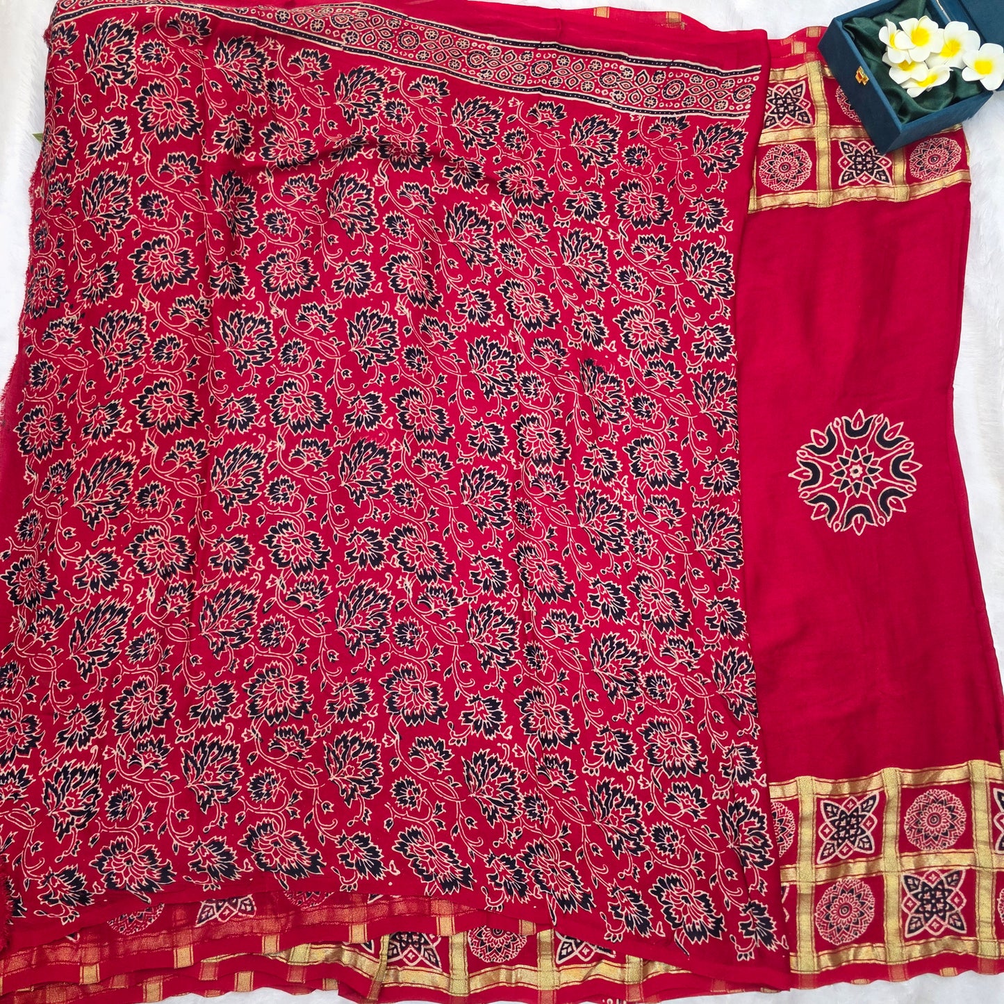 Gajji Silk Saree in Classic Red and Gold with Traditional Ajrakh-Inspired Prints