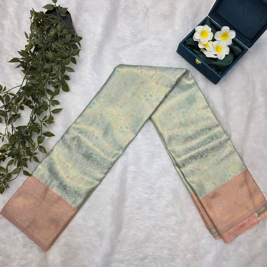 Kanchi Budget-friendly Soft Silk Saree in Pastel Mint Green with Peach Gold Contrast and Antique Gold Zari