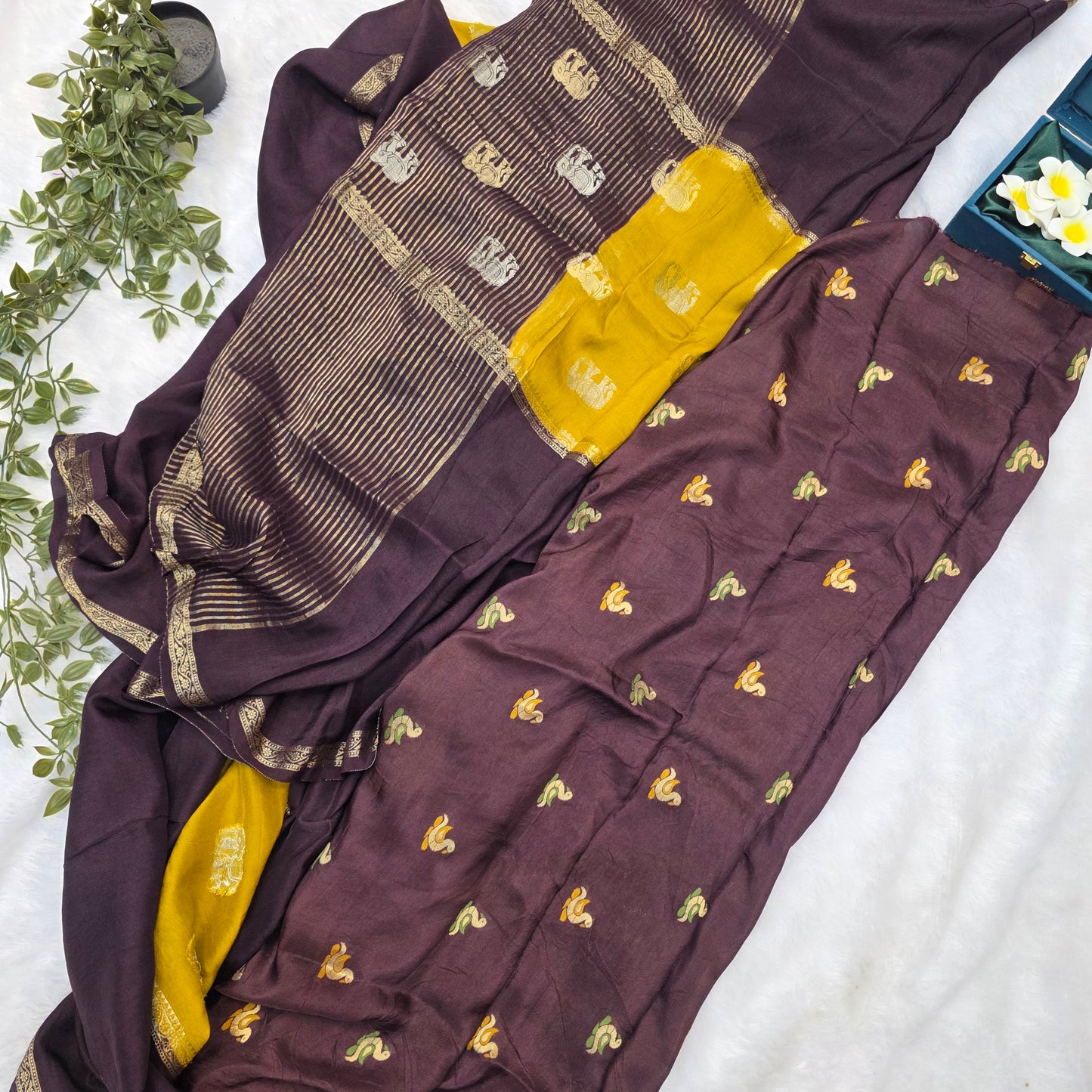 Mysore Crepe Dola Silk Saree in Mustard Yellow and Deep Brown with Elephant Motifs