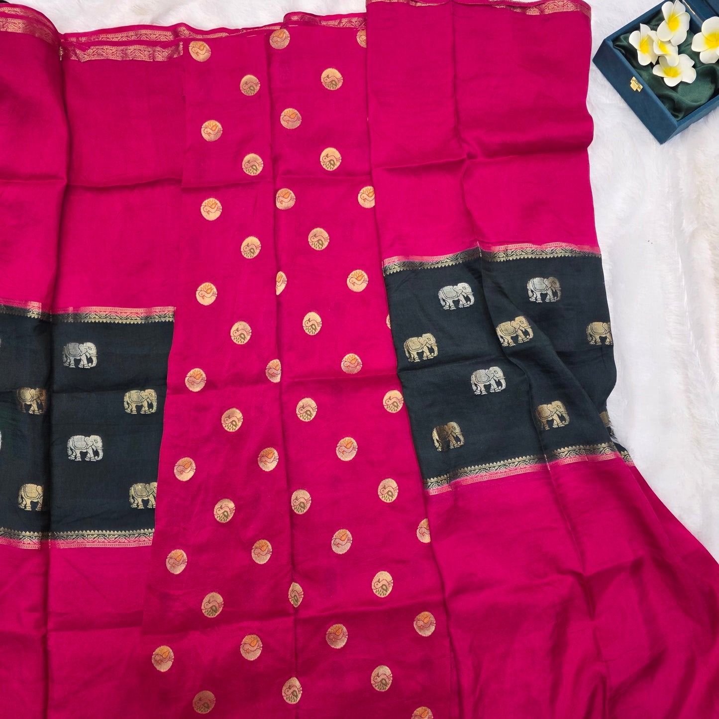 Mysore Crepe Dola Silk Saree in Rani Pink and Dark Green with Elephant Zari Motifs