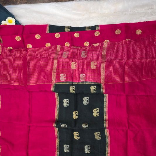 Mysore Crepe Dola Silk Saree in Rani Pink and Dark Green with Elephant Zari Motifs