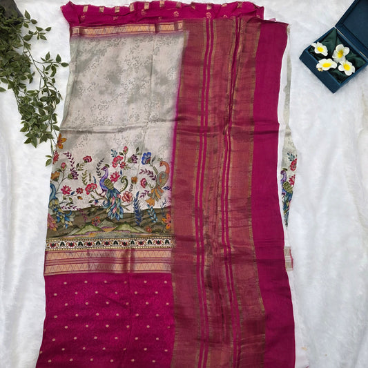 Mysore Crepe Digital Saree in Soft Grey and Rani Pink with Peacock Floral Pallu