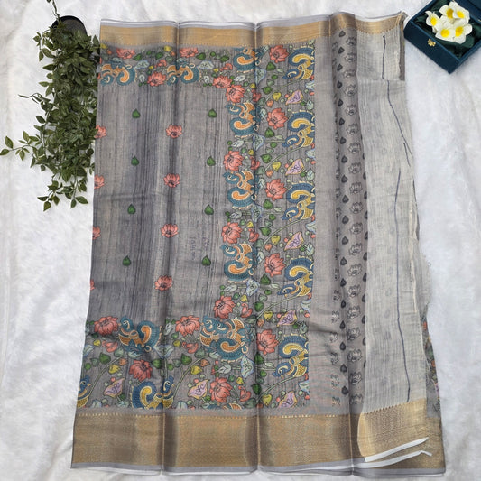 Banaras Tissue Linen Saree in Slate Grey with Multicolour Kalamkari and Antique Gold Zari