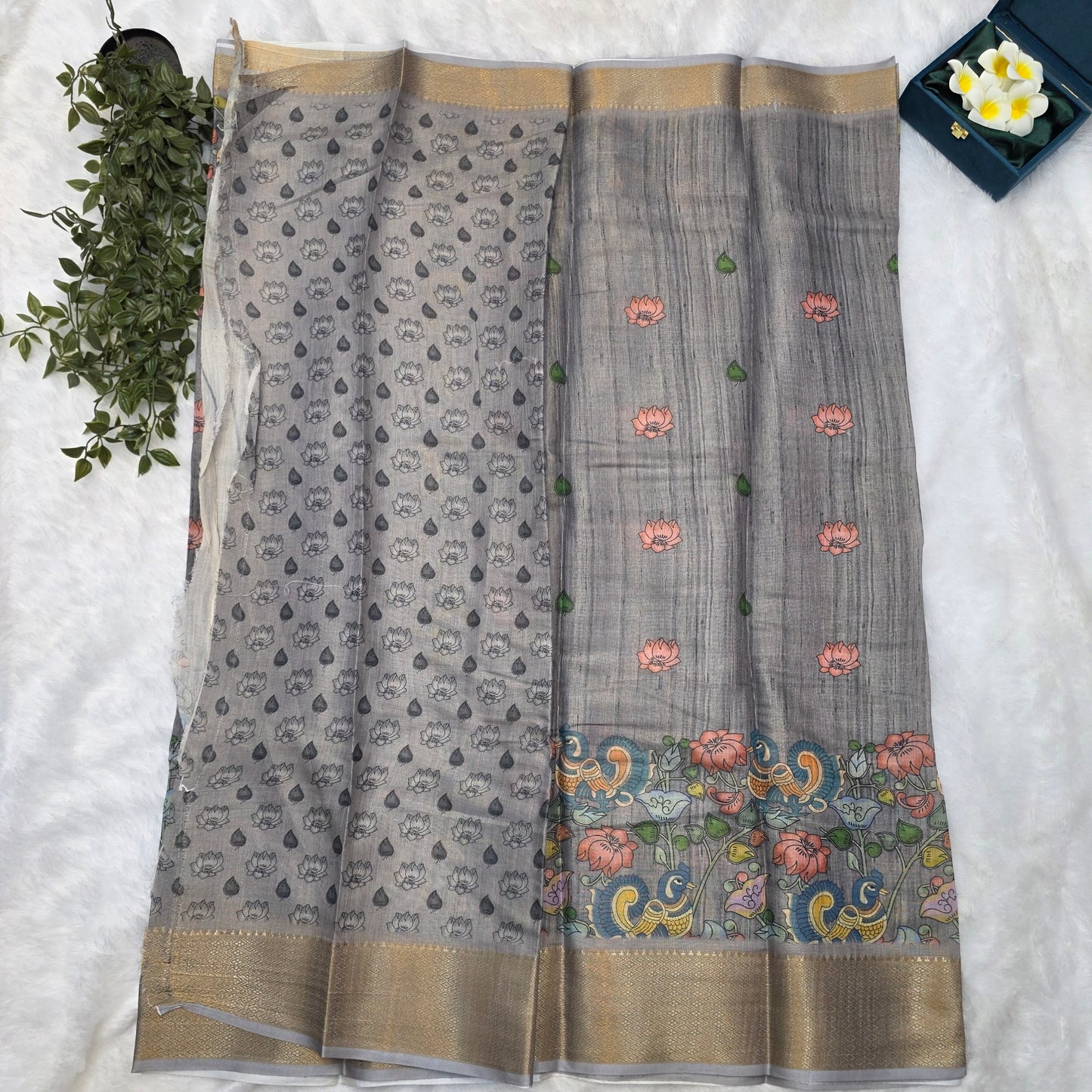 Banaras Tissue Linen Saree in Slate Grey with Multicolour Kalamkari and Antique Gold Zari