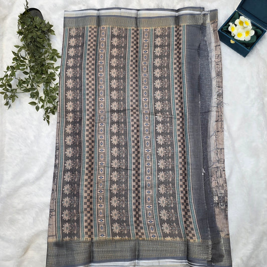 Banaras Tissue Linen Blend Saree in Smoky Grey with Antique Gold Borders