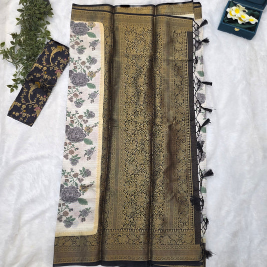 Silk Kalamkari Saree in Soft Ivory with Floral Butta Print and Black-Gold Borders