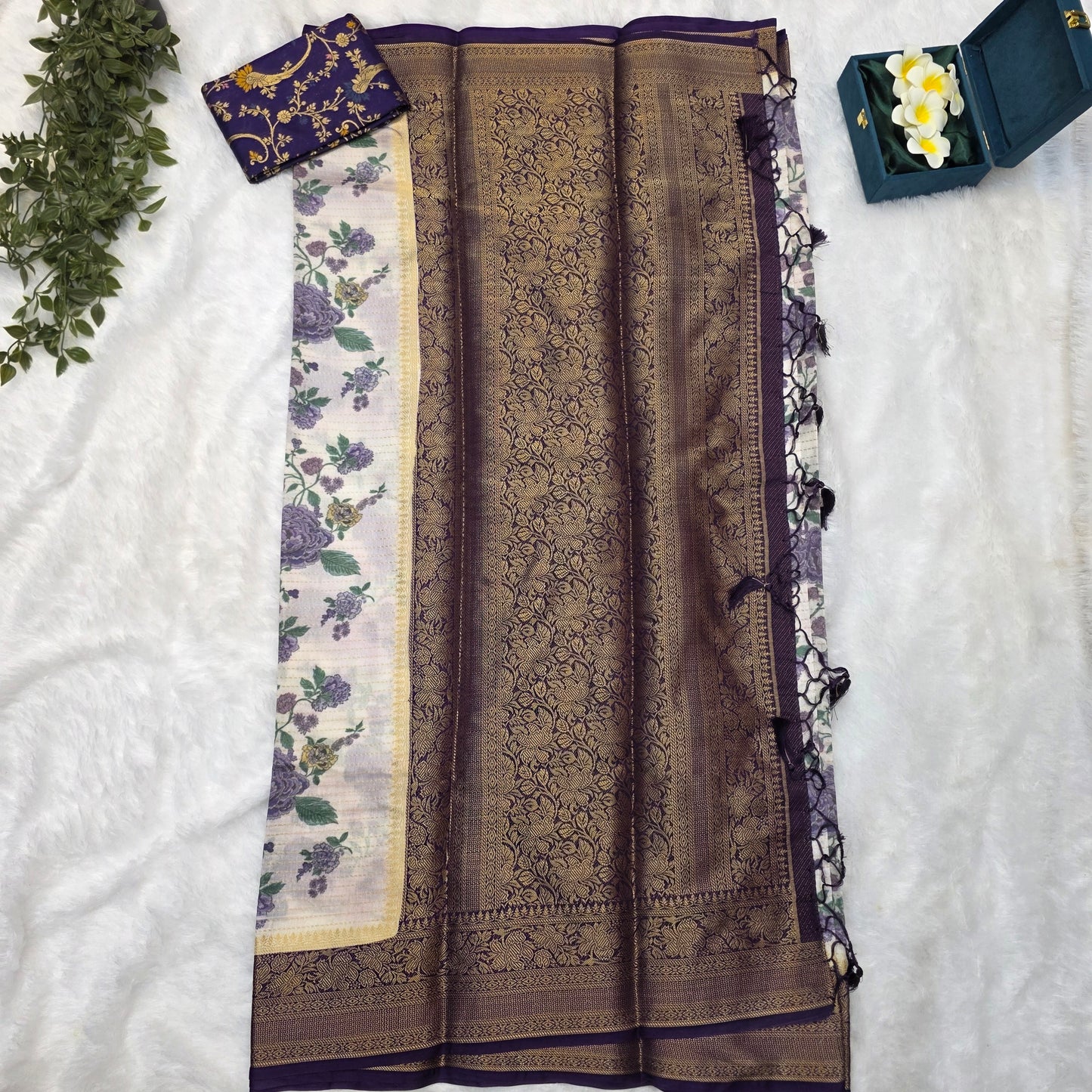 Silk Kalamkari Saree in Soft Ivory with Floral Butta Print and Purple-Gold Borders