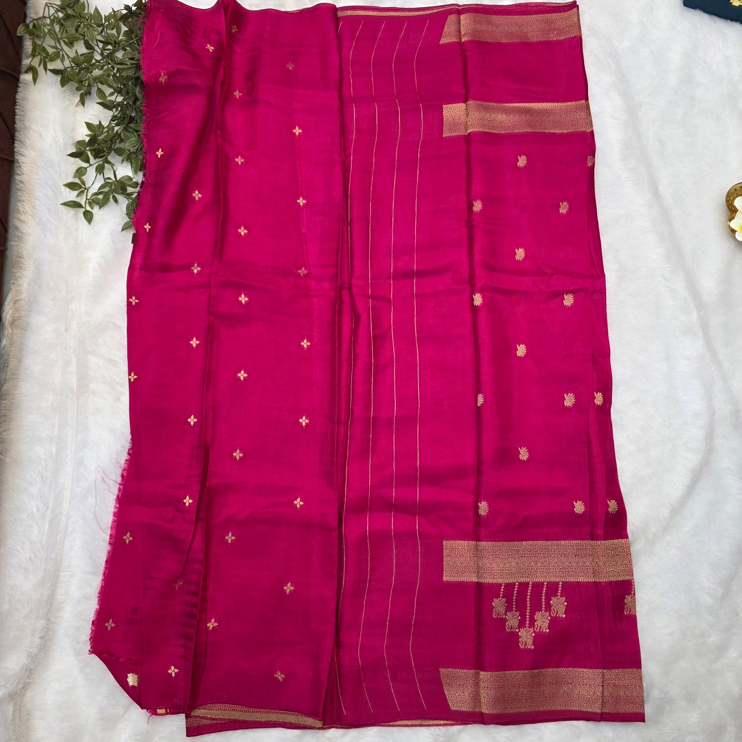 Pure Viscose Self Saree in Rani Pink with Rich Gold Zari Borders