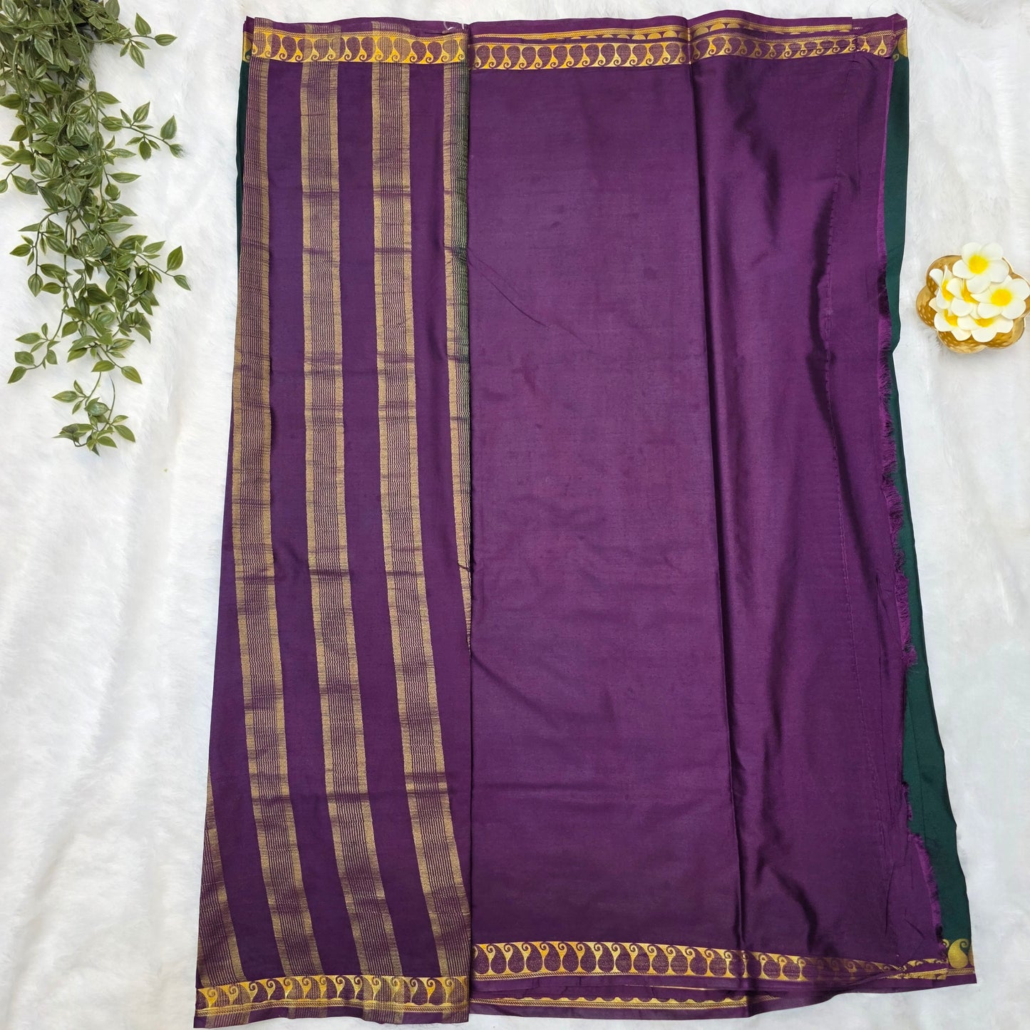 Premium Crepe Silk Saree in Deep Emerald Green with Rich Wine Pallu and Gold Zari Borders