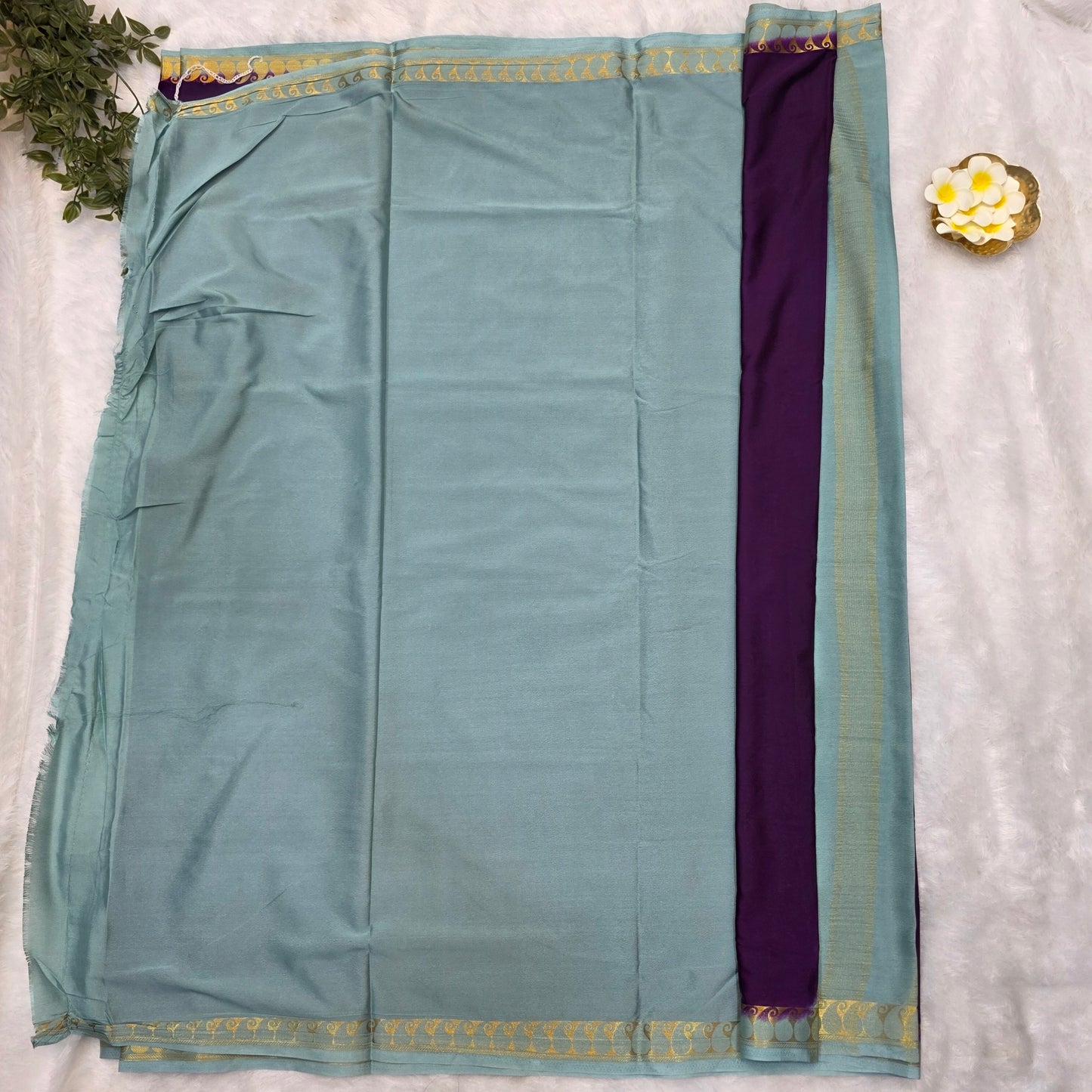Premium Crepe Silk Saree in Regal Purple with Aqua Blue Pallu and Gold Zari Border