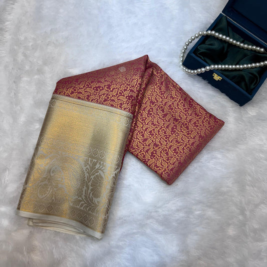Kanchi Soft Silk Saree in Red with Antique Golden Zari