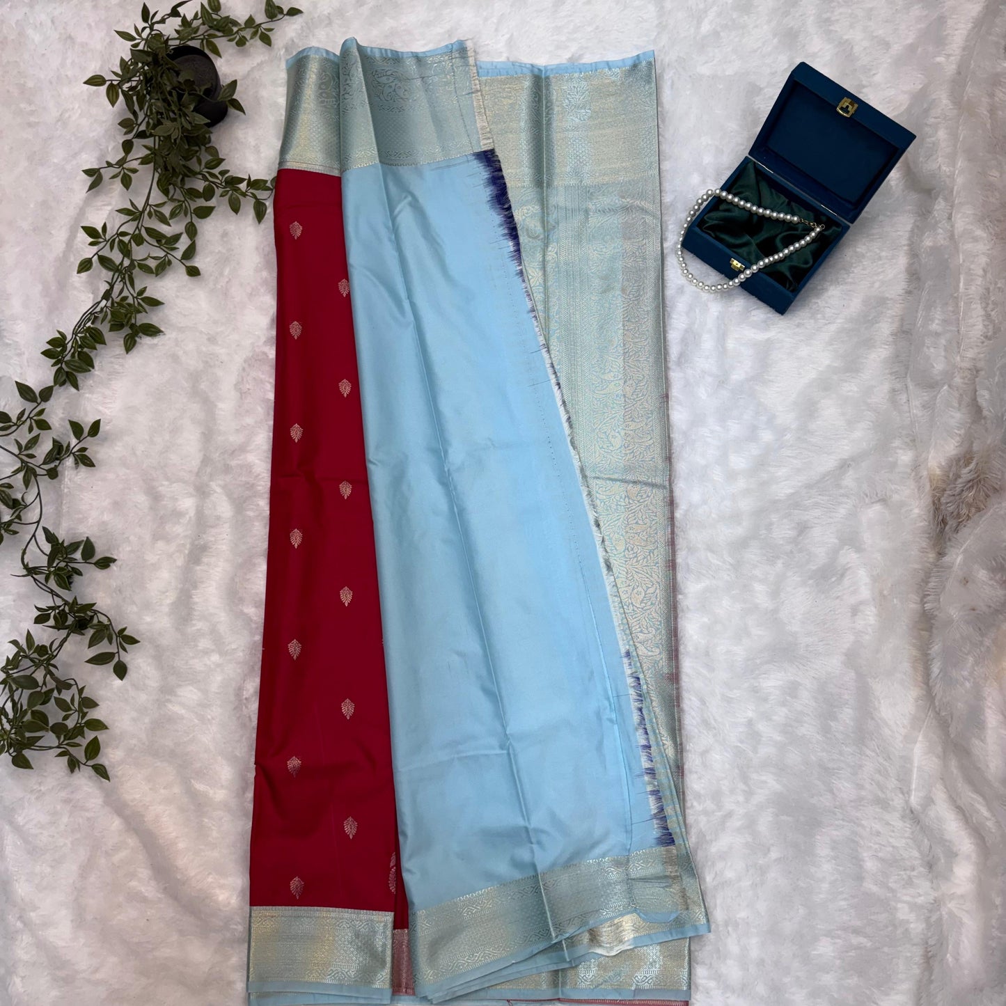 Kanchi Soft Silk Saree in Rich Red with Sky Blue Borders and Silver Zari
