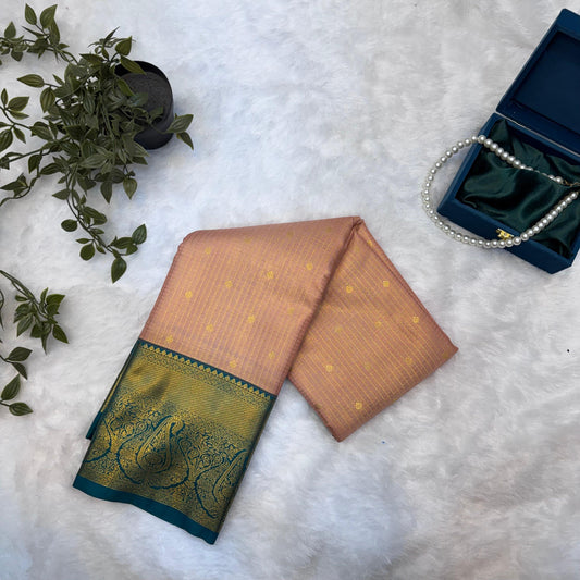 Kanchi Soft Silk Saree in Peach with Deep Teal Borders and Antique Gold Zari