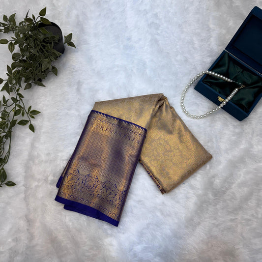 Kanchi Soft Silk Saree in Antique Gold with Royal Blue Borders