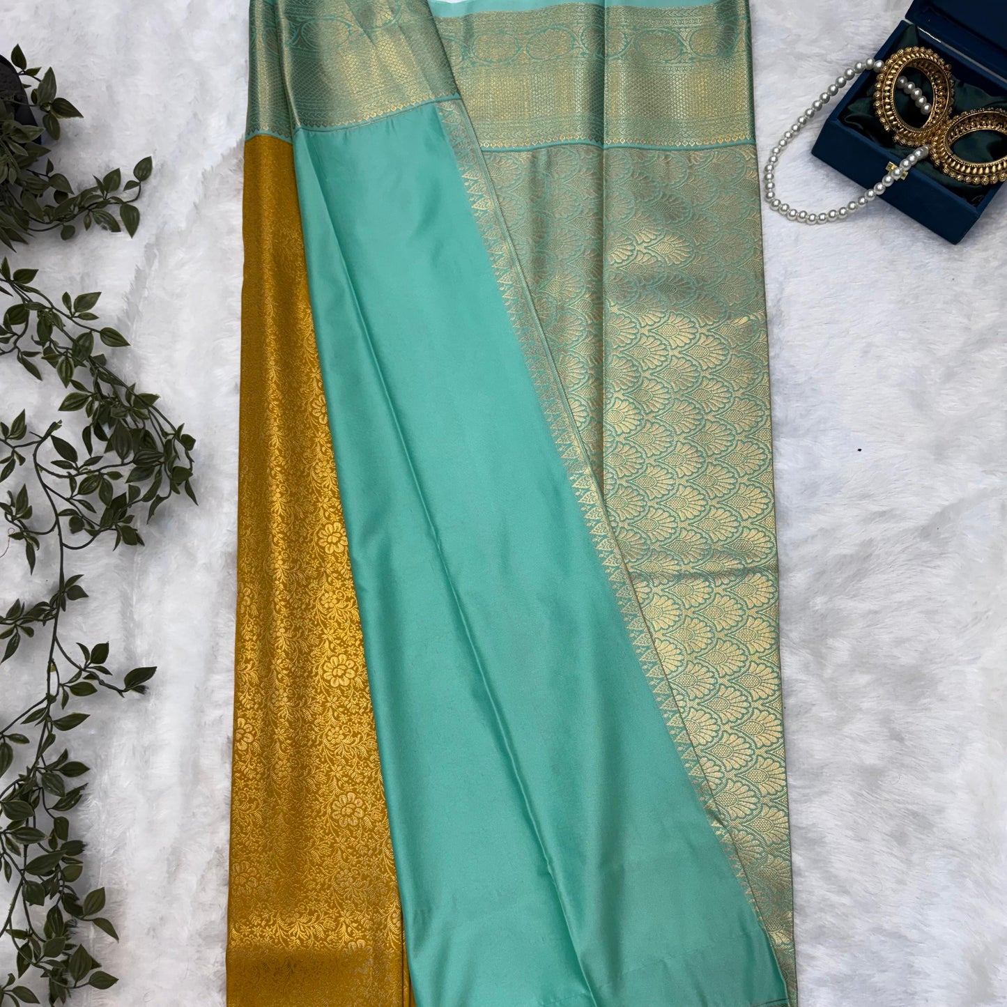 Kanchi Soft Silk Saree in Mustard Yellow with Antique Gold Zari and Mint Green Borders