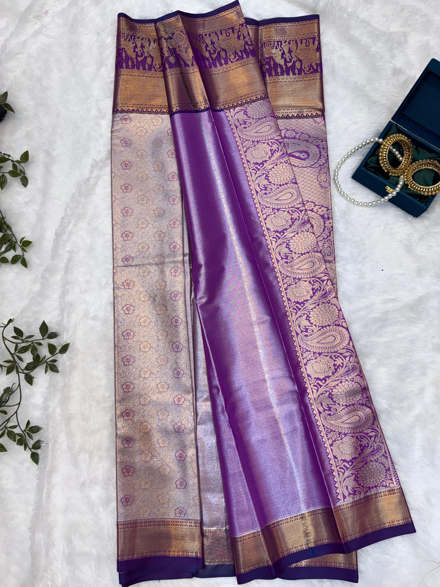Kanchi Soft Silk Saree in Lavender gold Accents with Royal Purple Borders and Antique Gold Zari