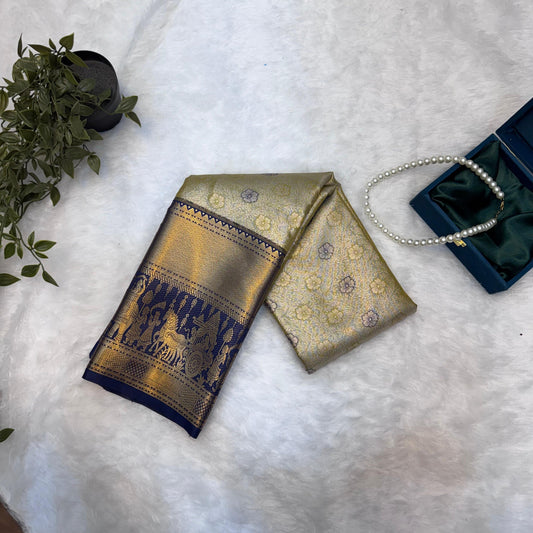 Kanchi Soft Silk Saree in Lemon Yellow with Gold Accents and Navy Blue Borders