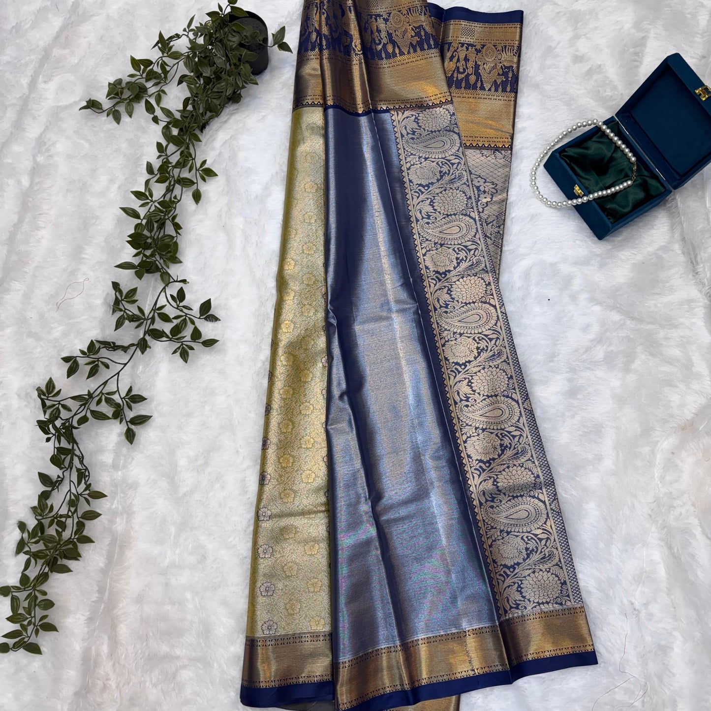 Kanchi Soft Silk Saree in Lemon Yellow with Gold Accents and Navy Blue Borders