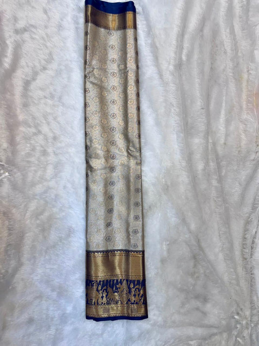 Kanchi Soft Silk Saree in Ash grey with Gold Accents and Navy Blue Borders