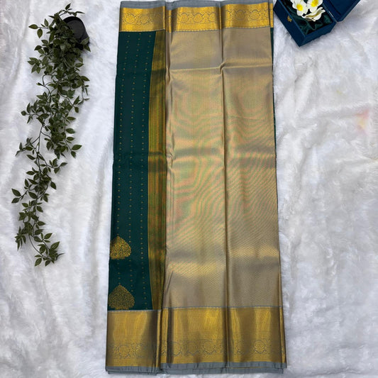 Kanchi Soft Silk Saree in Emerald Green with Grey Borders and Antique Gold Zari