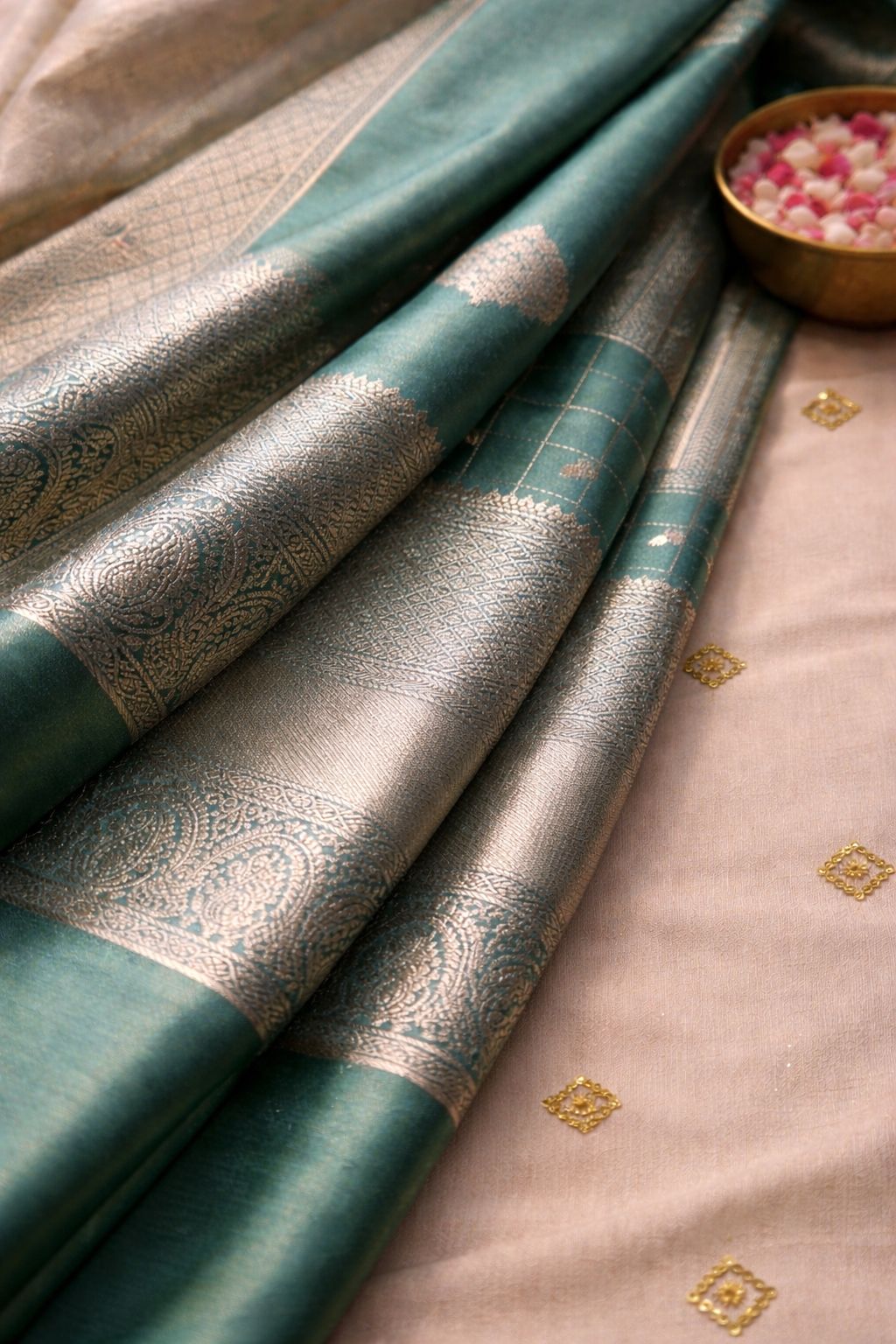 Kanchi Soft Silk Saree in Teal Green with Silver Zari