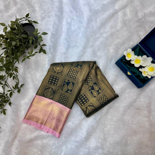 Kanchi Soft Silk Saree in Deep Bottle Green with Blush Pink Borders and Antique Gold Zari