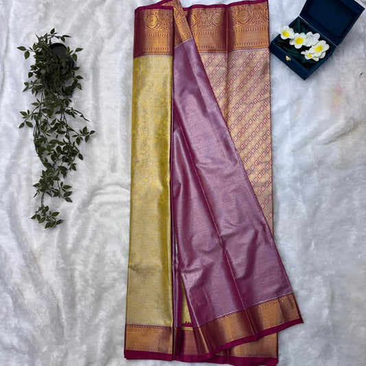 Kanchi Soft Silk Saree in Golden Ivory with Deep Rani Pink Borders and Antique Gold Zari