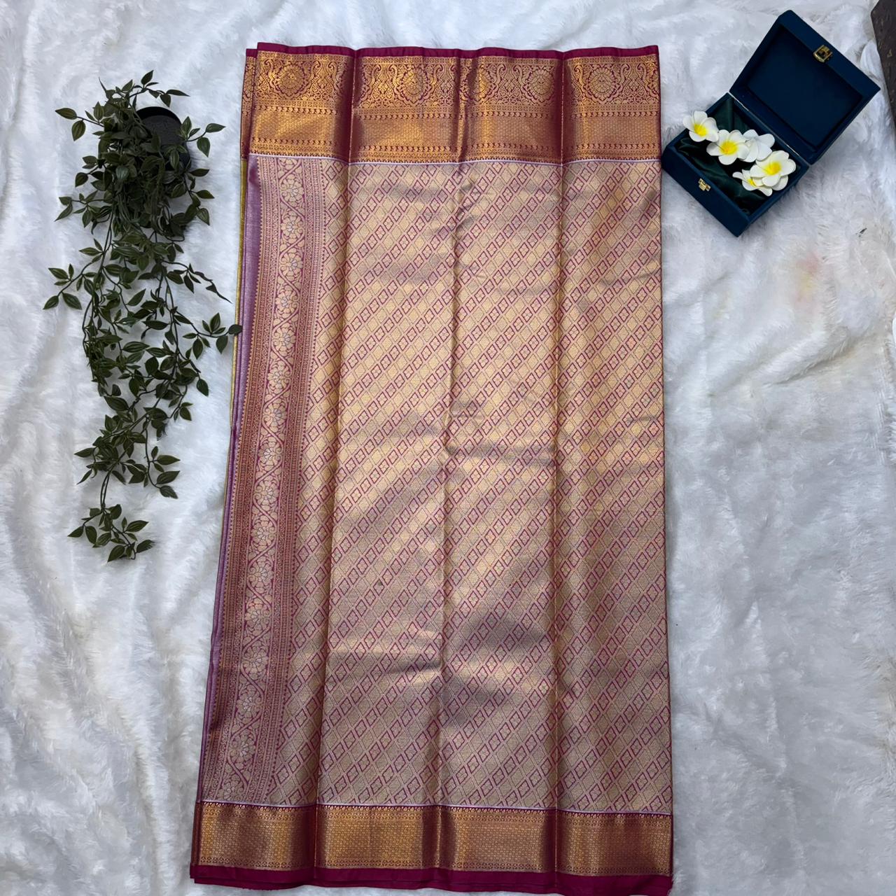 Kanchi Soft Silk Saree in Golden Ivory with Deep Rani Pink Borders and Antique Gold Zari
