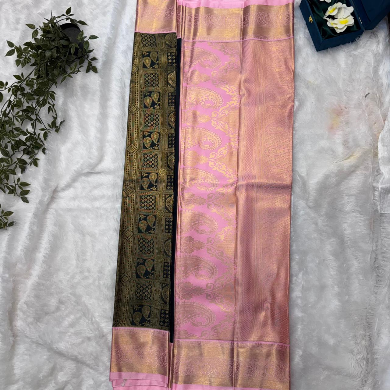 Kanchi Soft Silk Saree in Deep Bottle Green with Blush Pink Borders and Antique Gold Zari