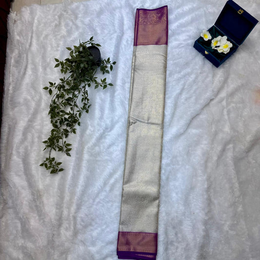 Kanchi Soft Silk Saree in Silver Grey with Royal Purple Borders and Antique Gold Zari
