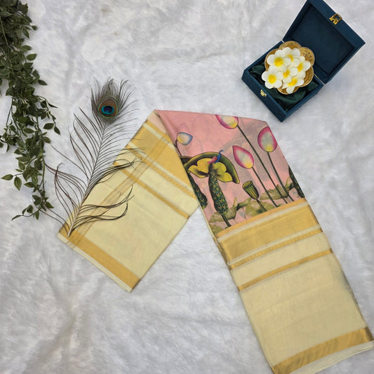 Mysore Crepe Digital Print Saree in Ivory Cream with Lotus stamp; Peacock Motifs