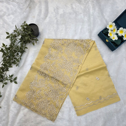 Organza Tissue Silk Saree in Soft Pastel Yellow with Elegant Beige Thread Embroidery