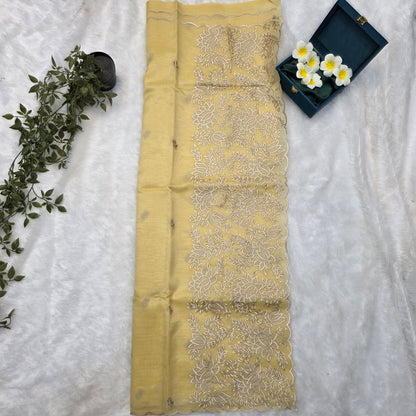 Organza Tissue Silk Saree in Soft Pastel Yellow with Elegant Beige Thread Embroidery