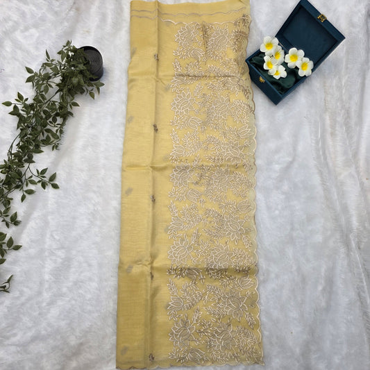 Organza Tissue Silk Saree in Soft Pastel Yellow with Elegant Beige Thread Embroidery