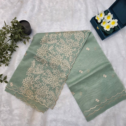 Organza Tissue Silk Saree in Sage Green with Elegant  Beige Thread Embroidery