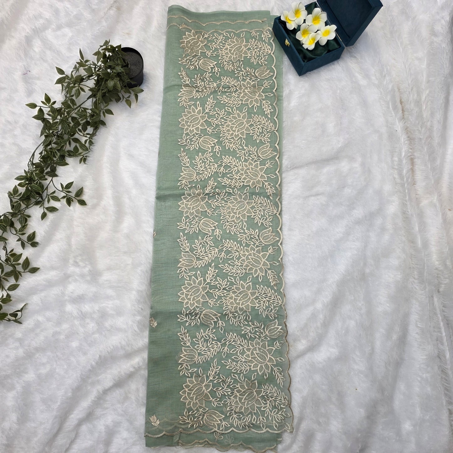 Organza Tissue Silk Saree in Sage Green with Elegant  Beige Thread Embroidery