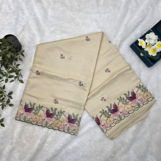 Pashmeena Silk Saree in Soft Beige with Floral & Bird Embroidered Borders