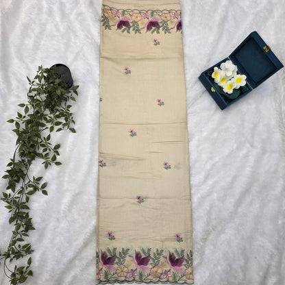 Pashmeena Silk Saree in Soft Beige with Floral & Bird Embroidered Borders