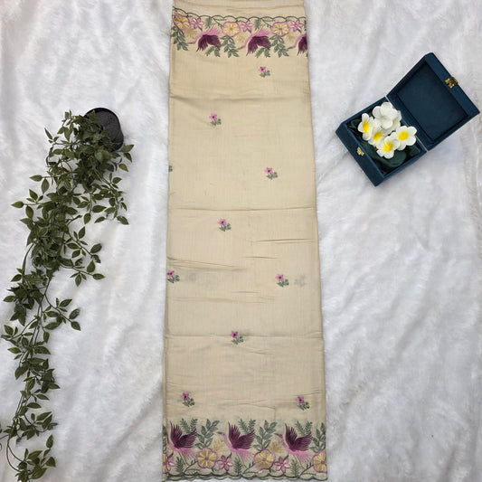Pashmeena Silk Saree in Soft Beige with Floral & Bird Embroidered Borders