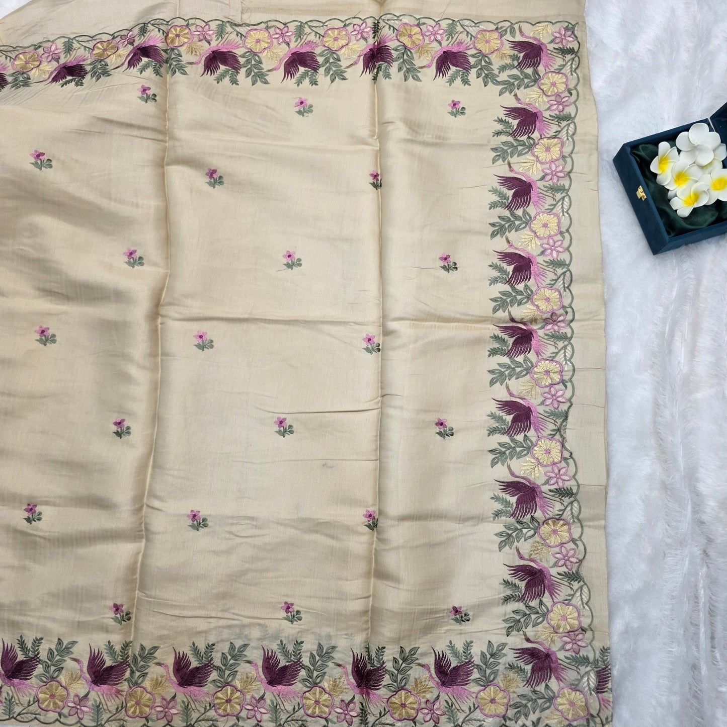 Pashmeena Silk Saree in Soft Beige with Floral & Bird Embroidered Borders