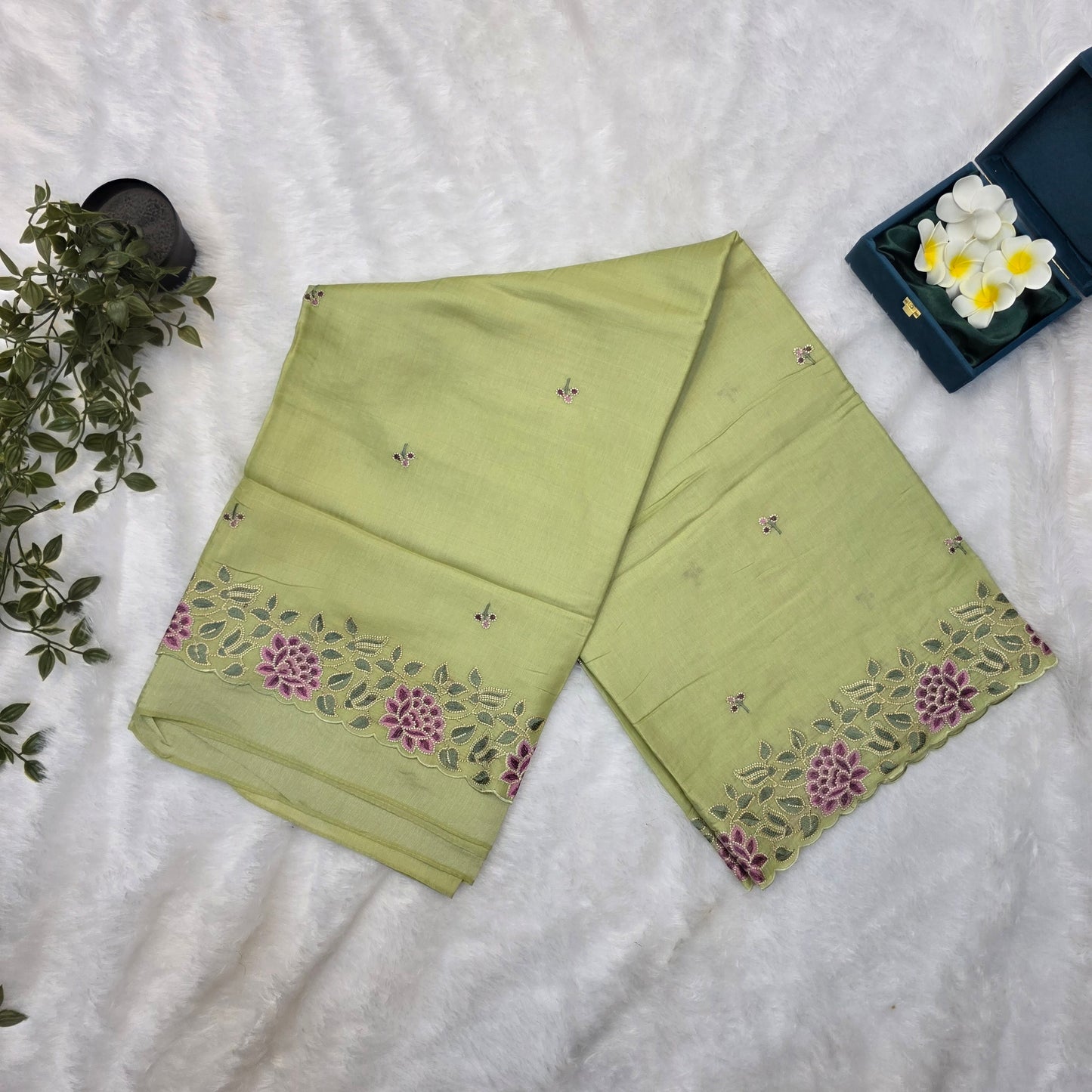 Pashmeena Silk Saree in Pastel Pistachio Green with Floral Embroidered Borders