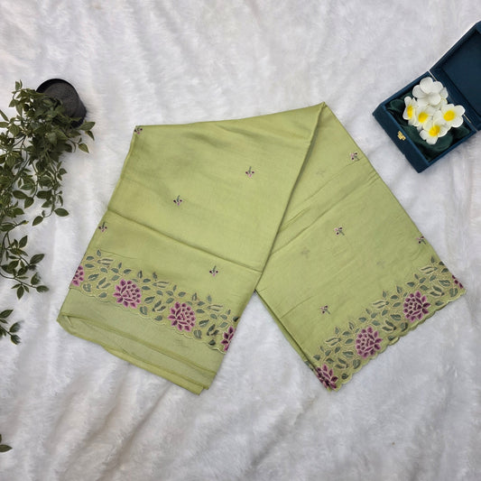 Pashmeena Silk Saree in Pastel Pistachio Green with Floral Embroidered Borders