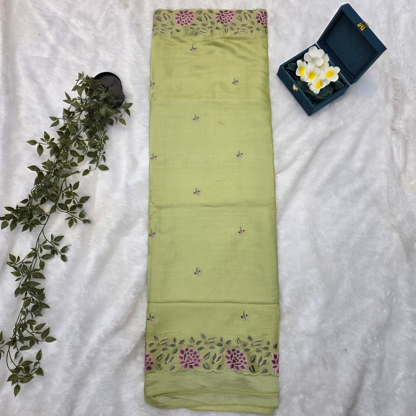 Pashmeena Silk Saree in Pastel Pistachio Green with Floral Embroidered Borders