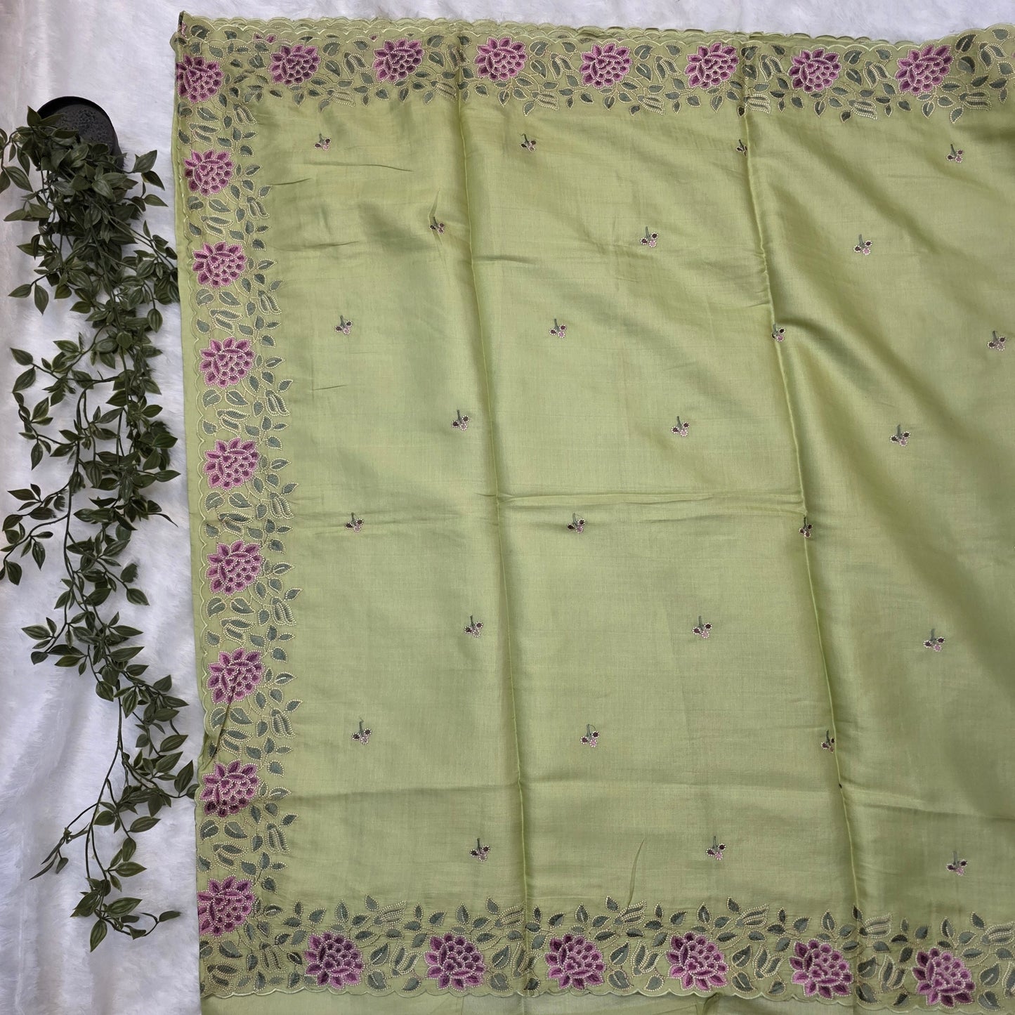 Pashmeena Silk Saree in Pastel Pistachio Green with Floral Embroidered Borders
