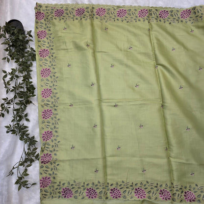 Pashmeena Silk Saree in Pastel Pistachio Green with Floral Embroidered Borders